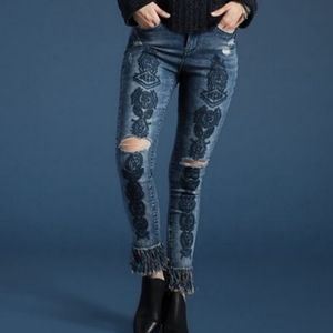 Coco + Carmen Blue Embroidered Fringe Jeans